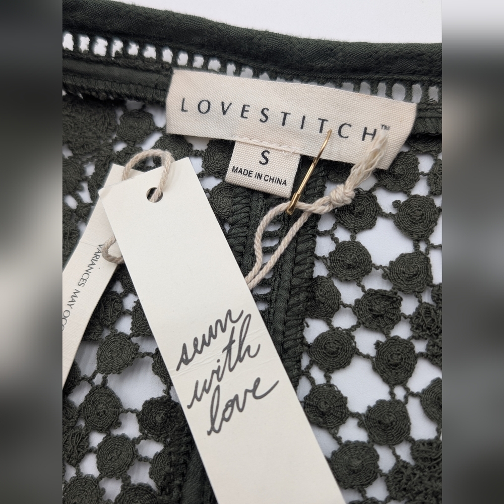 NWT LOVESTITCH Olive Green Sahara Mixed Lace Top Sz Small Rayon Flowy Boho Chic - Picture 6 of 17